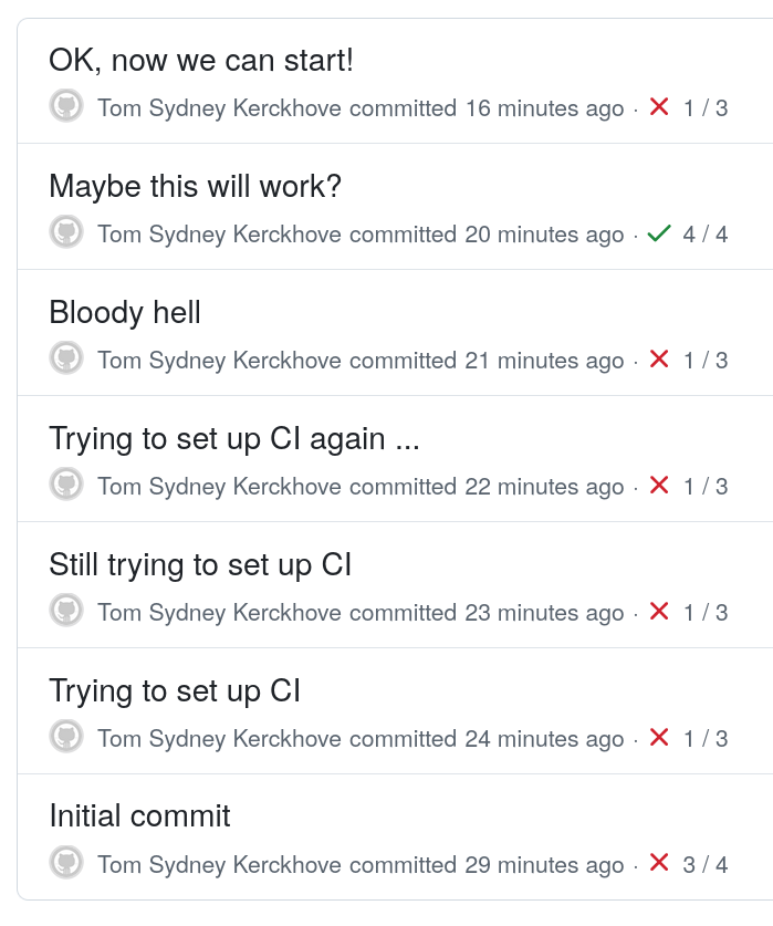 A commit log without NixCI showing evidence of struggle to set up CI